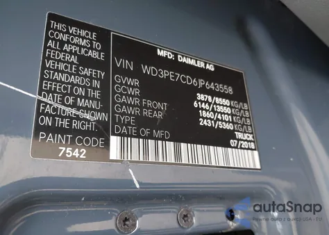 2018 Mercedes-Benz Sprinter 2500 Standard Roof V6 z USA, uszkodzony, nr VIN WD3PE7CD6JP643558